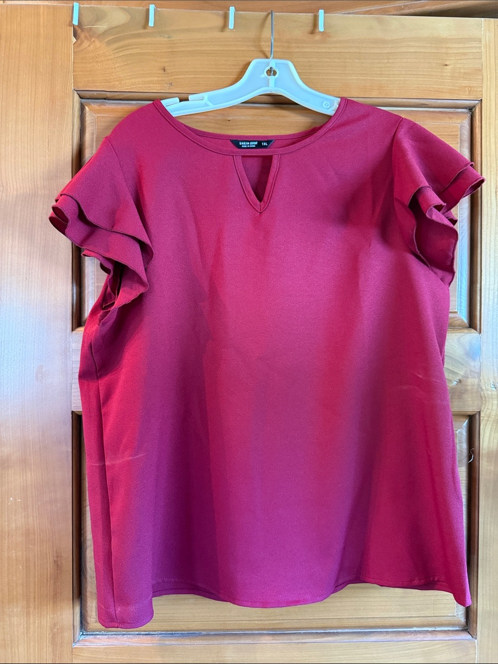 SHEIN Wine Red Ruffle Sleeve Keyhole Blouse